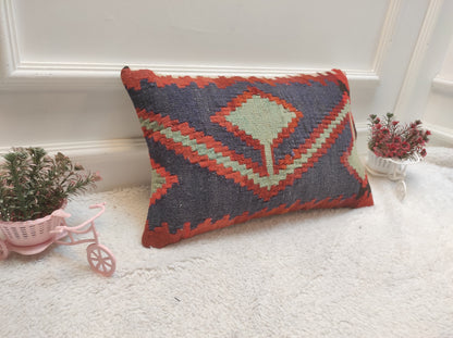 Handmade Kilim Pillow Cover: Upcycled Woven Rug, Ethnic Design (12x20 in)