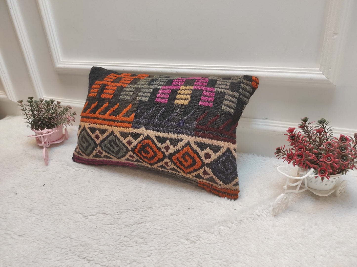 Handmade Kilim Pillow Cover: Upcycled Woven Rug, Ethnic Lumbar Cushion (12x20 inc)