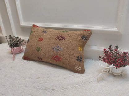Handmade Kilim Pillow Cover: Upcycled Woven Wool Lumbar Pillow (12x20 in)