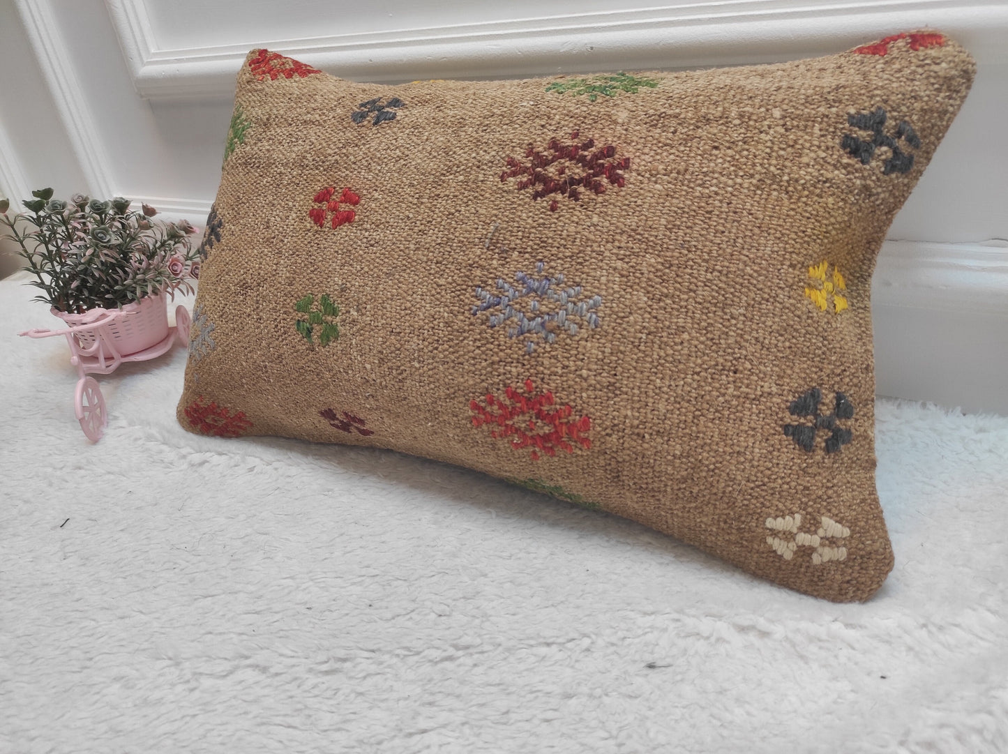 Handmade Kilim Pillow Cover: Upcycled Woven Wool Lumbar Pillow (12x20 in)