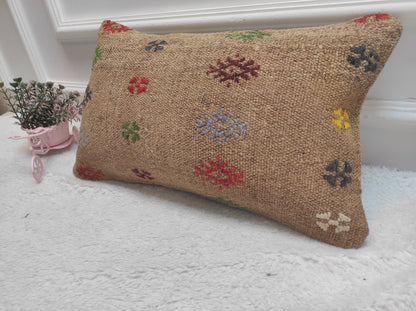 Handmade Kilim Pillow Cover: Upcycled Woven Wool Lumbar Pillow (12x20 in)