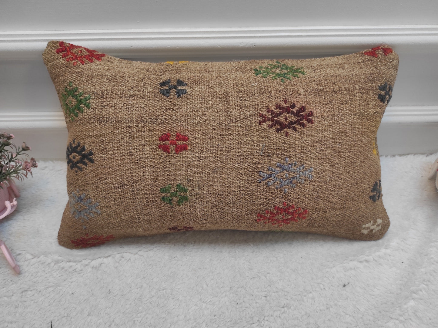 Handmade Kilim Pillow Cover: Upcycled Woven Wool Lumbar Pillow (12x20 in)
