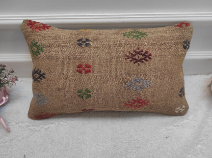 Handmade Kilim Pillow Cover: Upcycled Woven Wool Lumbar Pillow (12x20 in)