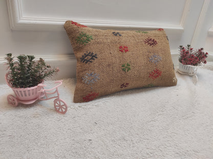 Handmade Kilim Pillow Cover: Upcycled Woven Wool Lumbar Pillow (12x20 in)