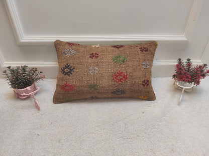 Handmade Kilim Pillow Cover: Upcycled Woven Rug, Tribal Design (12x20 in)