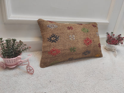 Handmade Kilim Pillow Cover: Upcycled Woven Rug, Tribal Design (12x20 in)