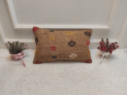 Handmade Kilim Pillow Cover: Brown Anatolian Woven Rug, 12x20 in