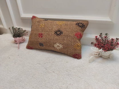 Handmade Kilim Pillow Cover: Brown Anatolian Woven Rug, 12x20 in