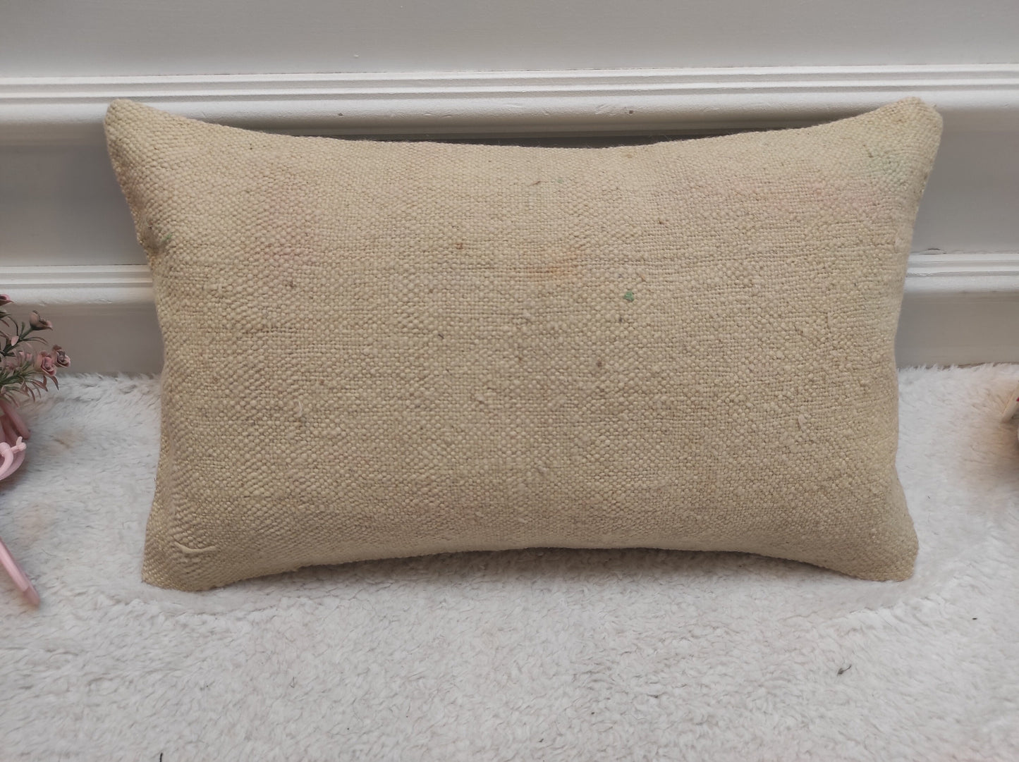 Handwoven White Kilim Pillow: Upcycled Anatolian Wool Lumbar Cover (12x20 in)