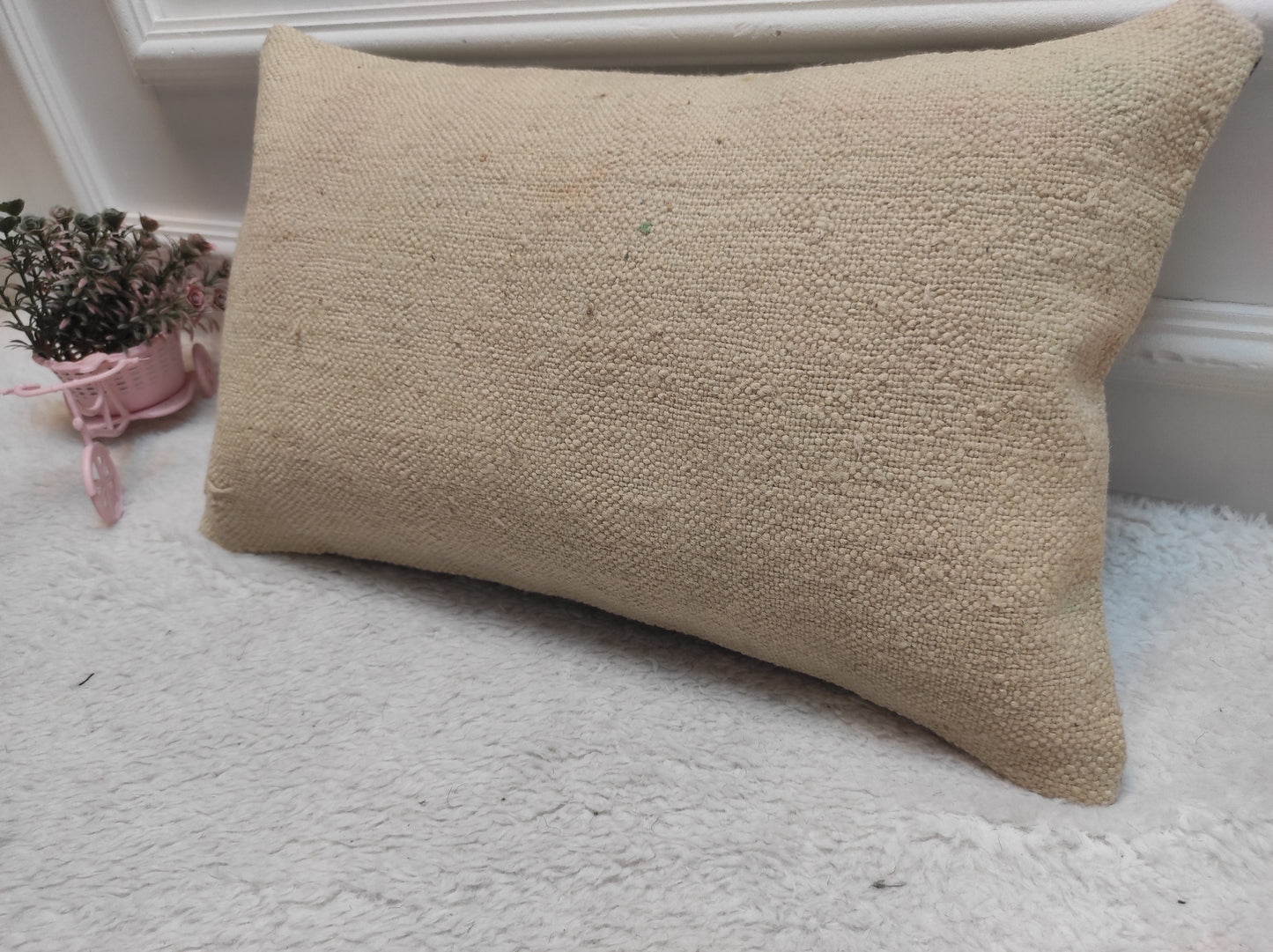 Handwoven White Kilim Pillow: Upcycled Anatolian Wool Lumbar Cover (12x20 in)