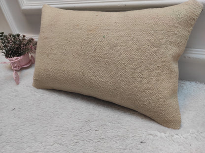 Handwoven White Kilim Pillow: Upcycled Anatolian Wool Lumbar Cover (12x20 in)