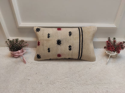 Handmade Kilim Pillow Cover: White Bohemian Lumbar Pillow (12x20 in)