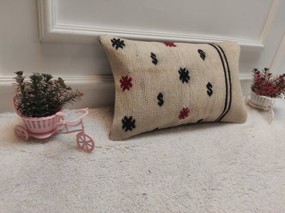 Handmade Kilim Pillow Cover: White Bohemian Lumbar Pillow (12x20 in)