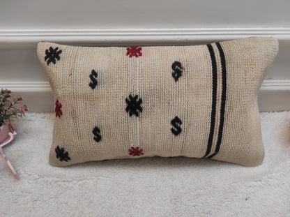 Handmade Kilim Pillow Cover: White Bohemian Lumbar Pillow (12x20 in)