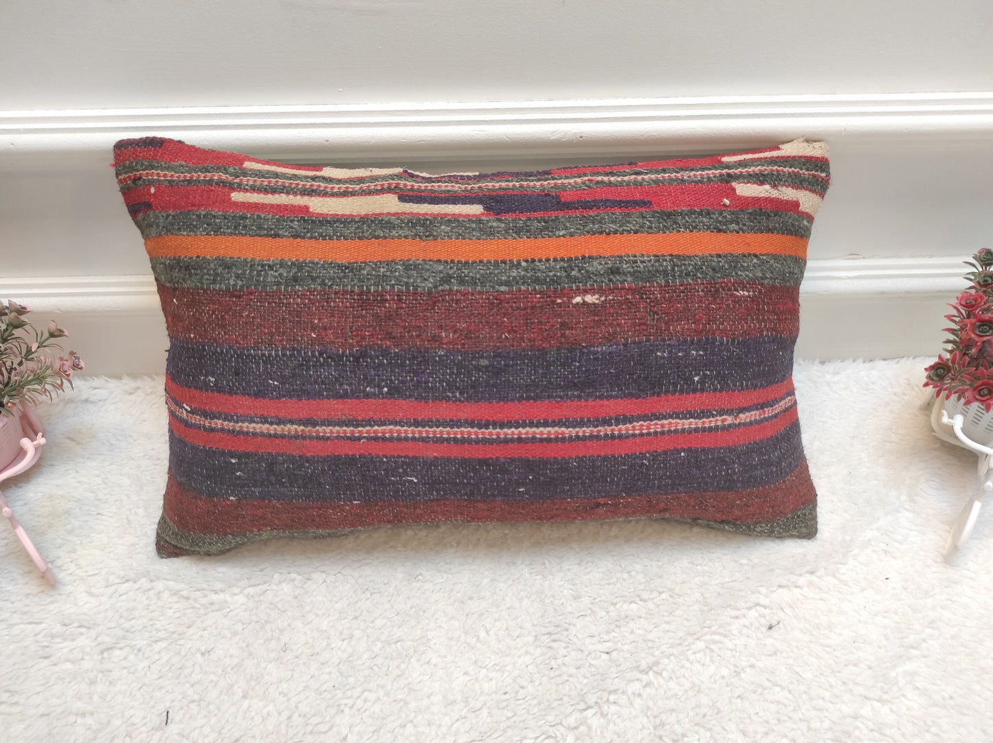Handmade Kilim Pillow Cover: Upcycled Woven Rug, Bohemian Decor (12x20)
