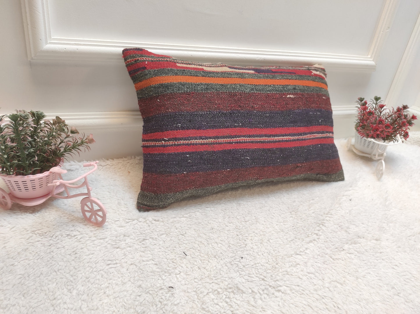 Handmade Kilim Pillow Cover: Upcycled Woven Rug, Bohemian Decor (12x20)