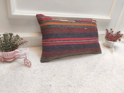 Handmade Kilim Pillow Cover: Upcycled Woven Rug, Bohemian Decor (12x20)