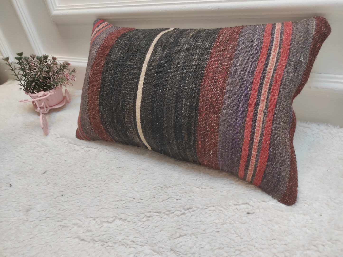 Handmade Kilim Pillow Cover: Upcycled Woven Rug, 12x20