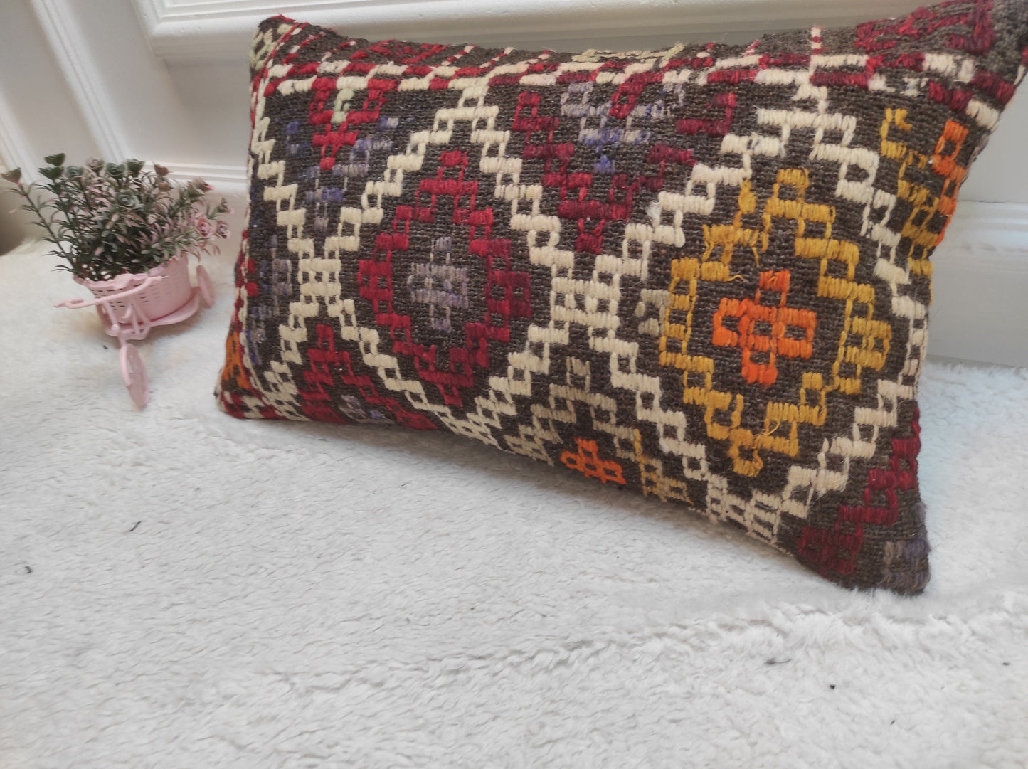 Handmade Kilim Lumbar Pillow Cover: Turkish Woven Rug Pillow (12x20 in)