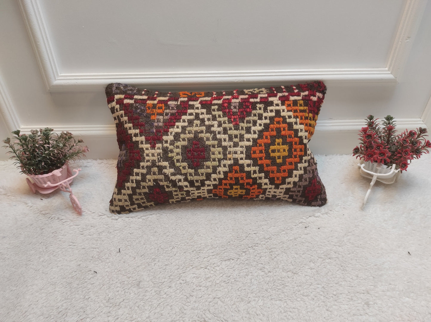 Handmade Kilim Pillow Cover: Upcycled Woven Rug, Ethnic Decor (12x20 inc)