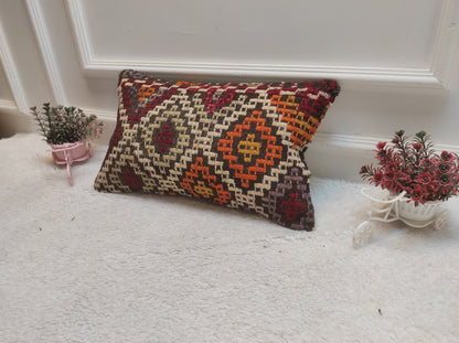 Handmade Kilim Pillow Cover: Upcycled Woven Rug, Ethnic Decor (12x20 inc)