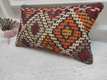 Handmade Kilim Pillow Cover: Upcycled Woven Rug, Ethnic Decor (12x20 inc)
