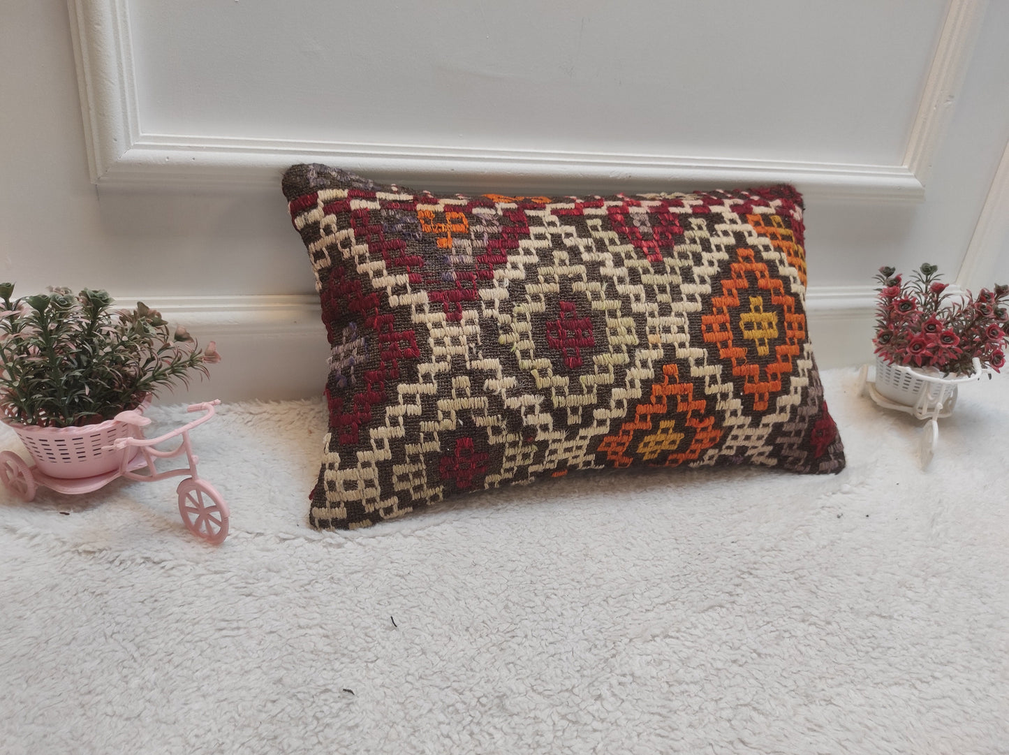 Handmade Kilim Pillow Cover: Upcycled Woven Rug, Ethnic Decor (12x20 inc)