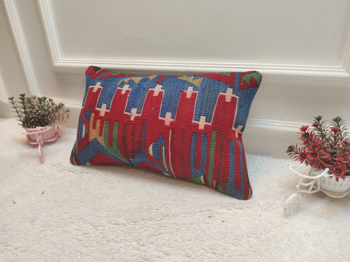 Red Kilim Lumbar Pillow Cover: Turkish Woven Rug, 12x20