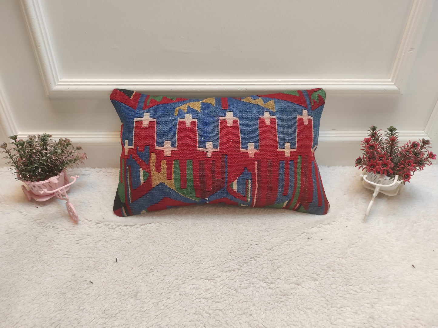 Red Kilim Lumbar Pillow Cover: Turkish Woven Rug, 12x20