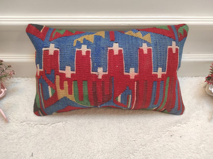 Red Kilim Lumbar Pillow Cover: Turkish Woven Rug, 12x20