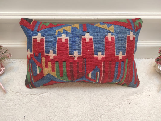 Red Kilim Lumbar Pillow Cover: Turkish Woven Rug, 12x20