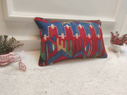 Red Kilim Lumbar Pillow Cover: Turkish Woven Rug, 12x20