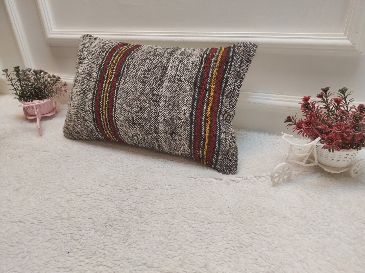 Handmade Kilim Pillow Cover: Upcycled Woven Rug, Rustic Ethnic Decor (12x20 inc)
