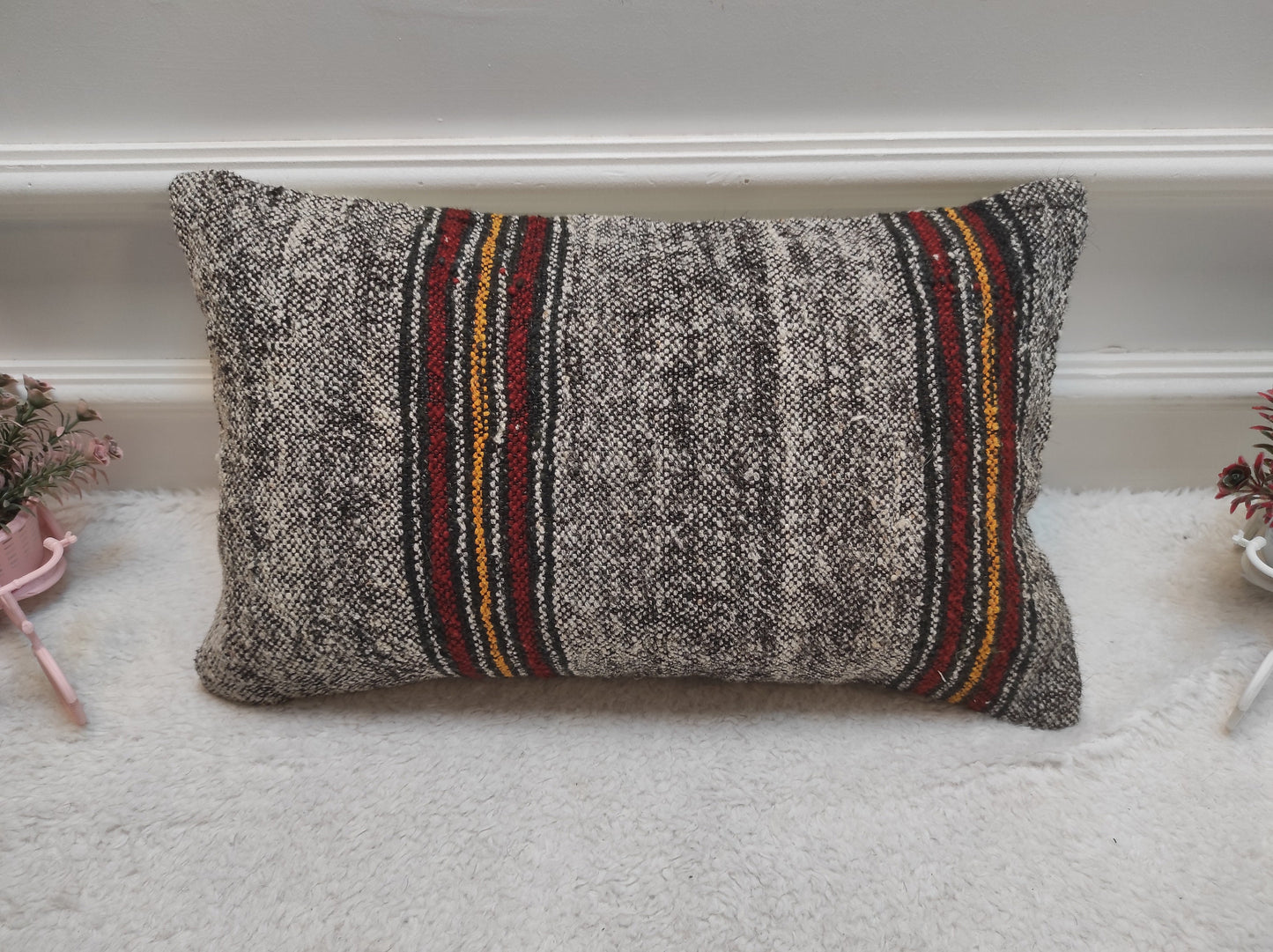 Handmade Kilim Pillow Cover: Upcycled Woven Rug, Rustic Ethnic Decor (12x20 inc)