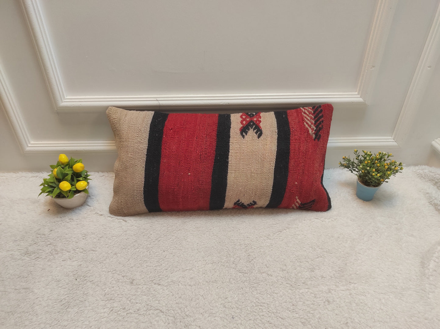 Handmade Red Kilim Lumbar Pillow Cover: Upcycled Woven Rug, 12x24
