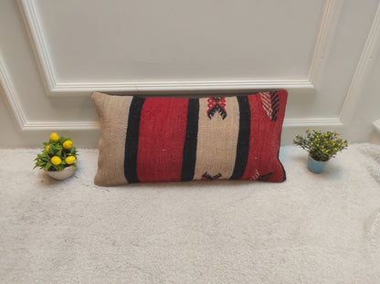 Handmade Red Kilim Lumbar Pillow Cover: Upcycled Woven Rug, 12x24