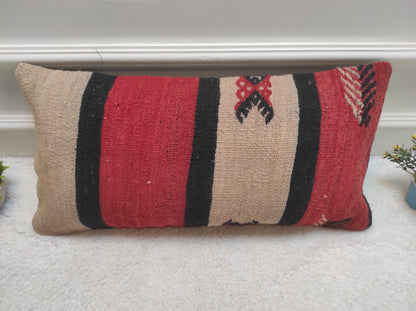 Handmade Red Kilim Lumbar Pillow Cover: Upcycled Woven Rug, 12x24