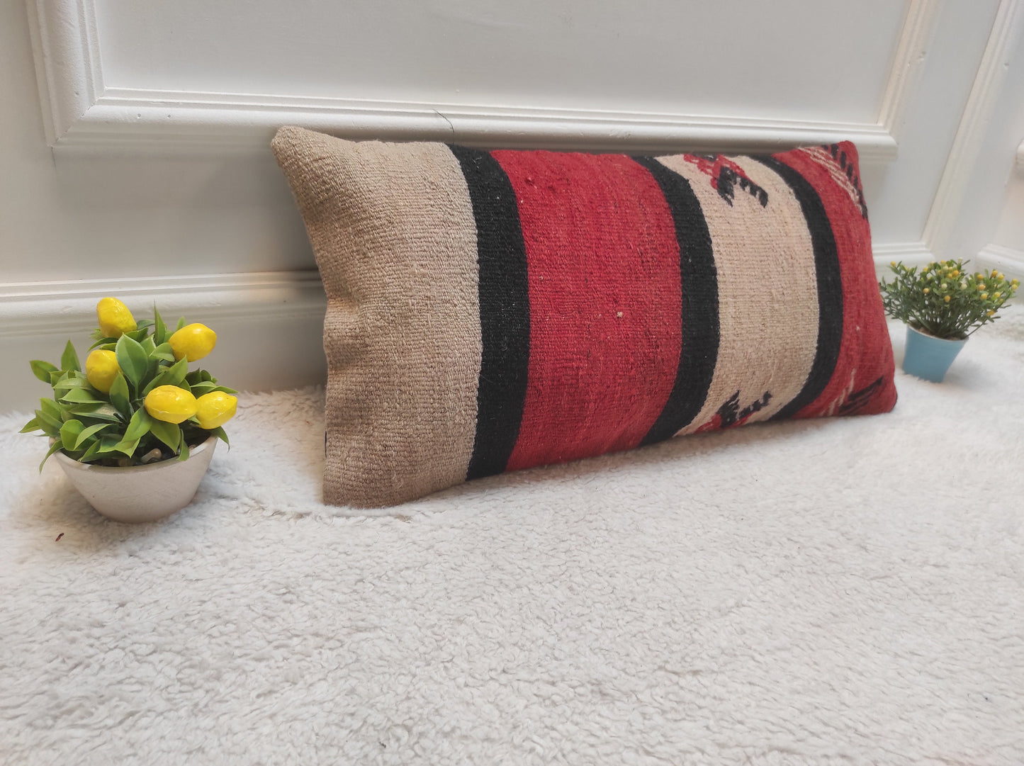Handmade Red Kilim Lumbar Pillow Cover: Upcycled Woven Rug, 12x24