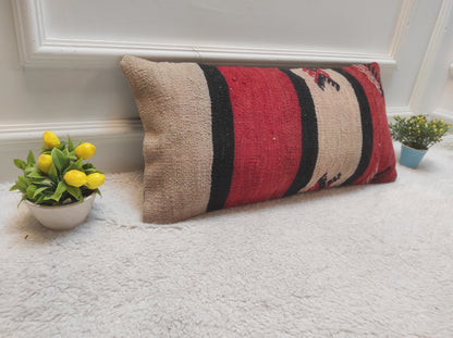 Handmade Red Kilim Lumbar Pillow Cover: Upcycled Woven Rug, 12x24