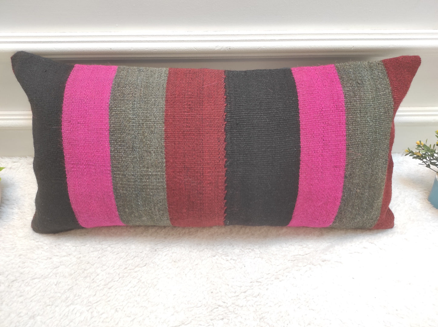 Handmade Kilim Lumbar Pillow Cover: Upcycled Woven Rug, Bohemian Decor (12x24 in)