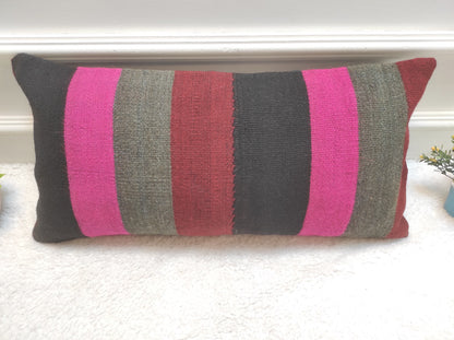 Handmade Kilim Lumbar Pillow Cover: Upcycled Woven Rug, Bohemian Decor (12x24 in)