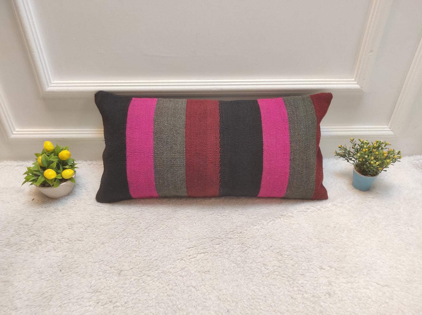 Handmade Kilim Lumbar Pillow Cover: Upcycled Woven Rug, Bohemian Decor (12x24 in)