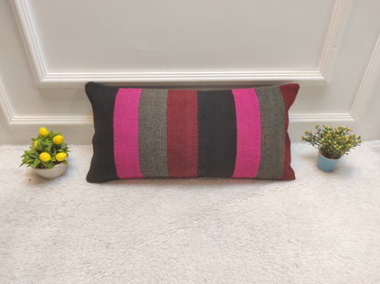 Handmade Kilim Lumbar Pillow Cover: Upcycled Woven Rug, Bohemian Decor (12x24 in)