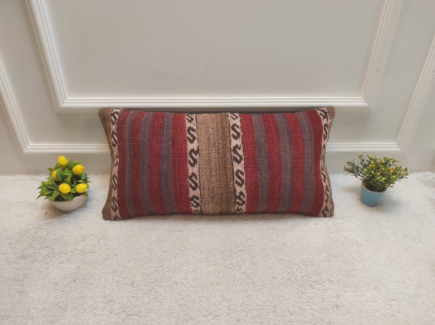 Handmade Kilim Lumbar Pillow Cover: Red Tribal Woven Rug, 12x24