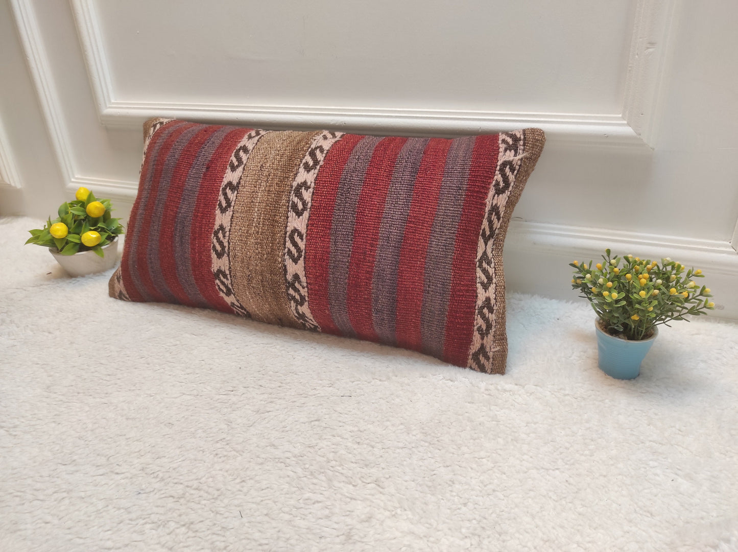 Handmade Kilim Lumbar Pillow Cover: Red Tribal Woven Rug, 12x24