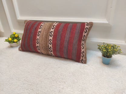 Handmade Kilim Lumbar Pillow Cover: Red Tribal Woven Rug, 12x24