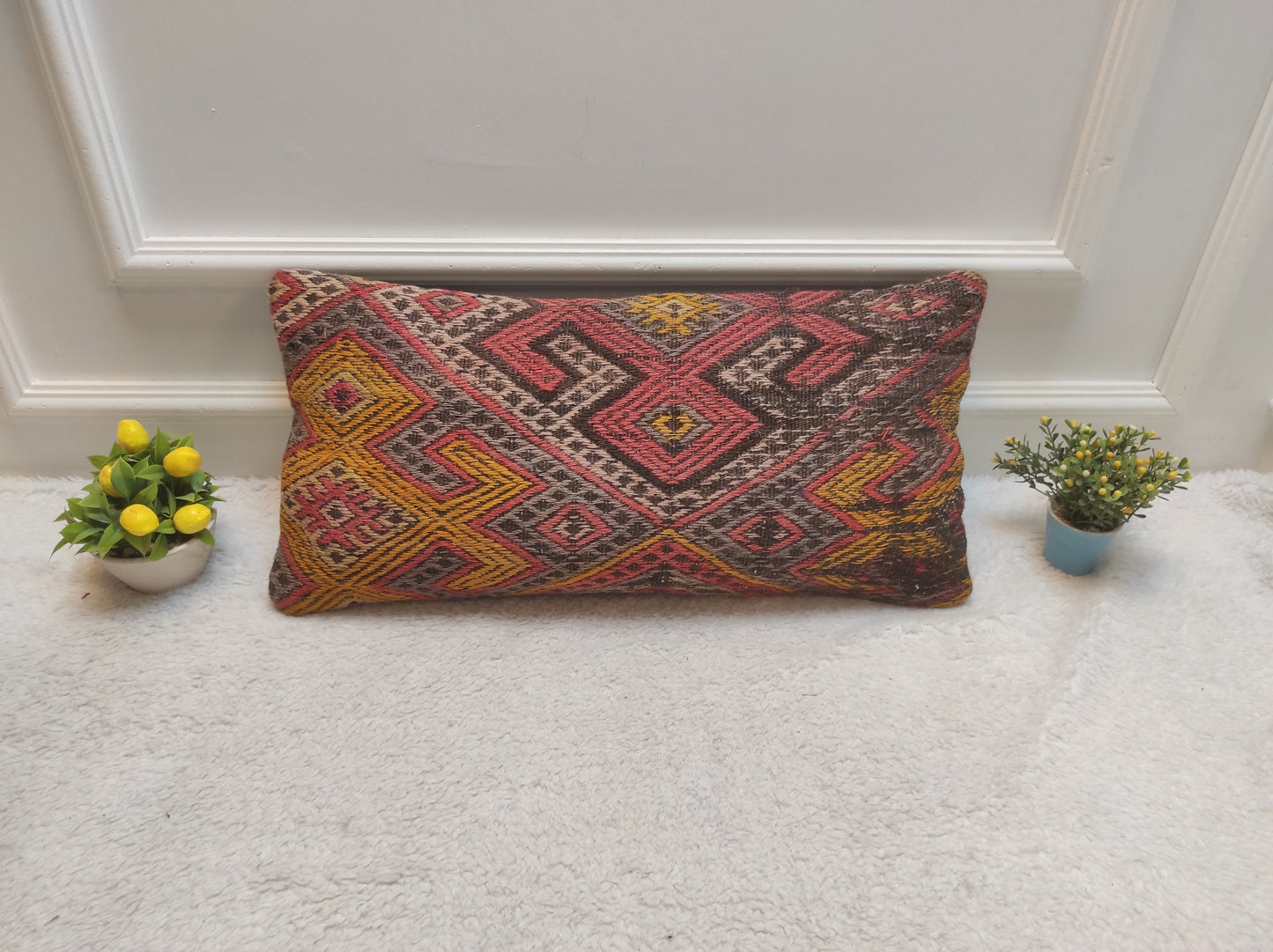 Handmade Kilim Pillow Cover: Red Bohemian Woven Lumbar Pillow (12x24 in)