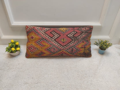 Handmade Kilim Pillow Cover: Red Bohemian Woven Lumbar Pillow (12x24 in)