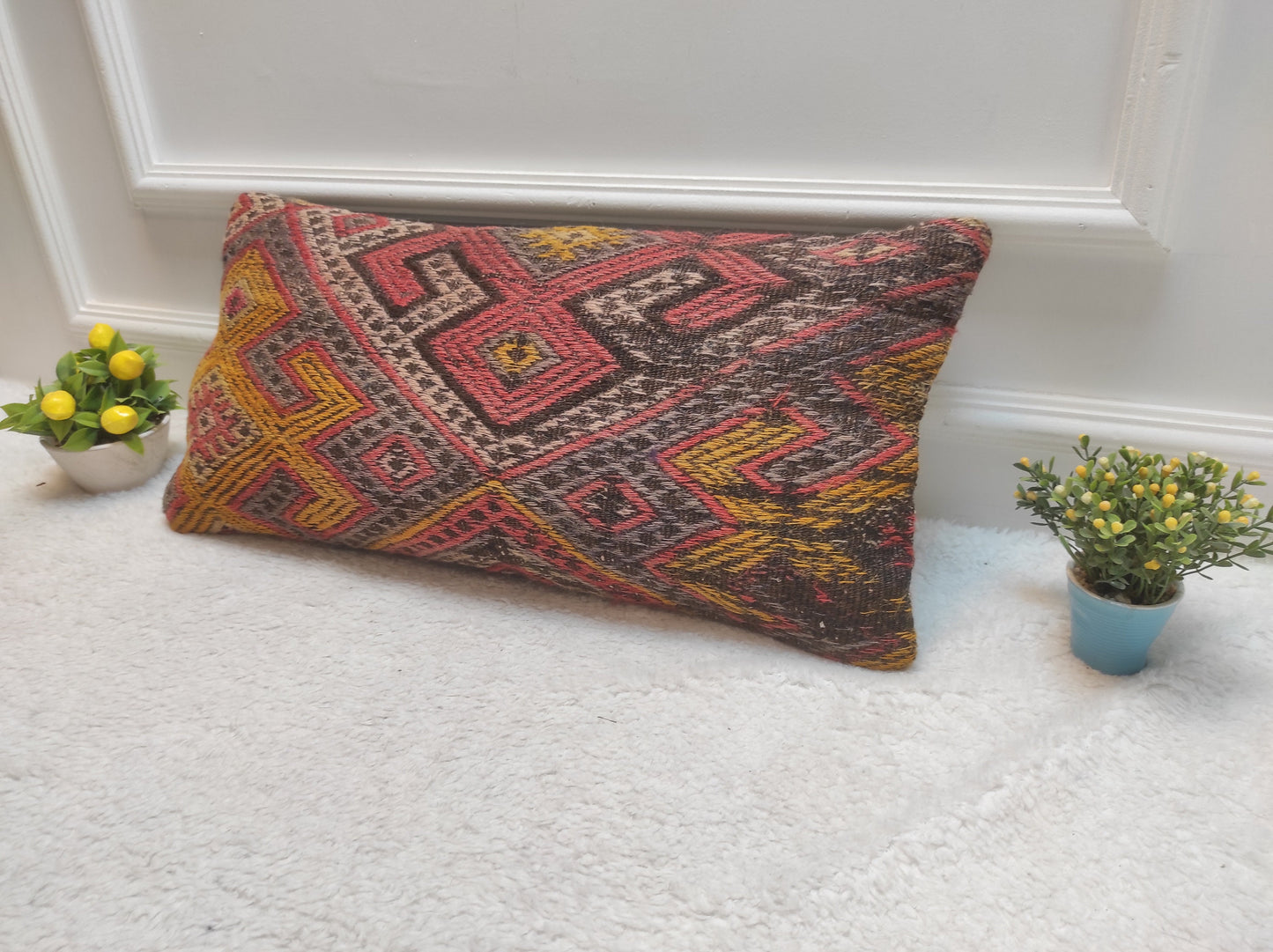 Handmade Kilim Pillow Cover: Red Bohemian Woven Lumbar Pillow (12x24 in)