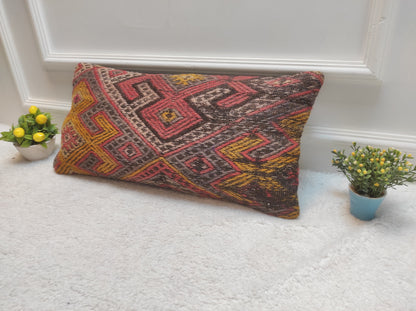 Handmade Kilim Pillow Cover: Red Bohemian Woven Lumbar Pillow (12x24 in)